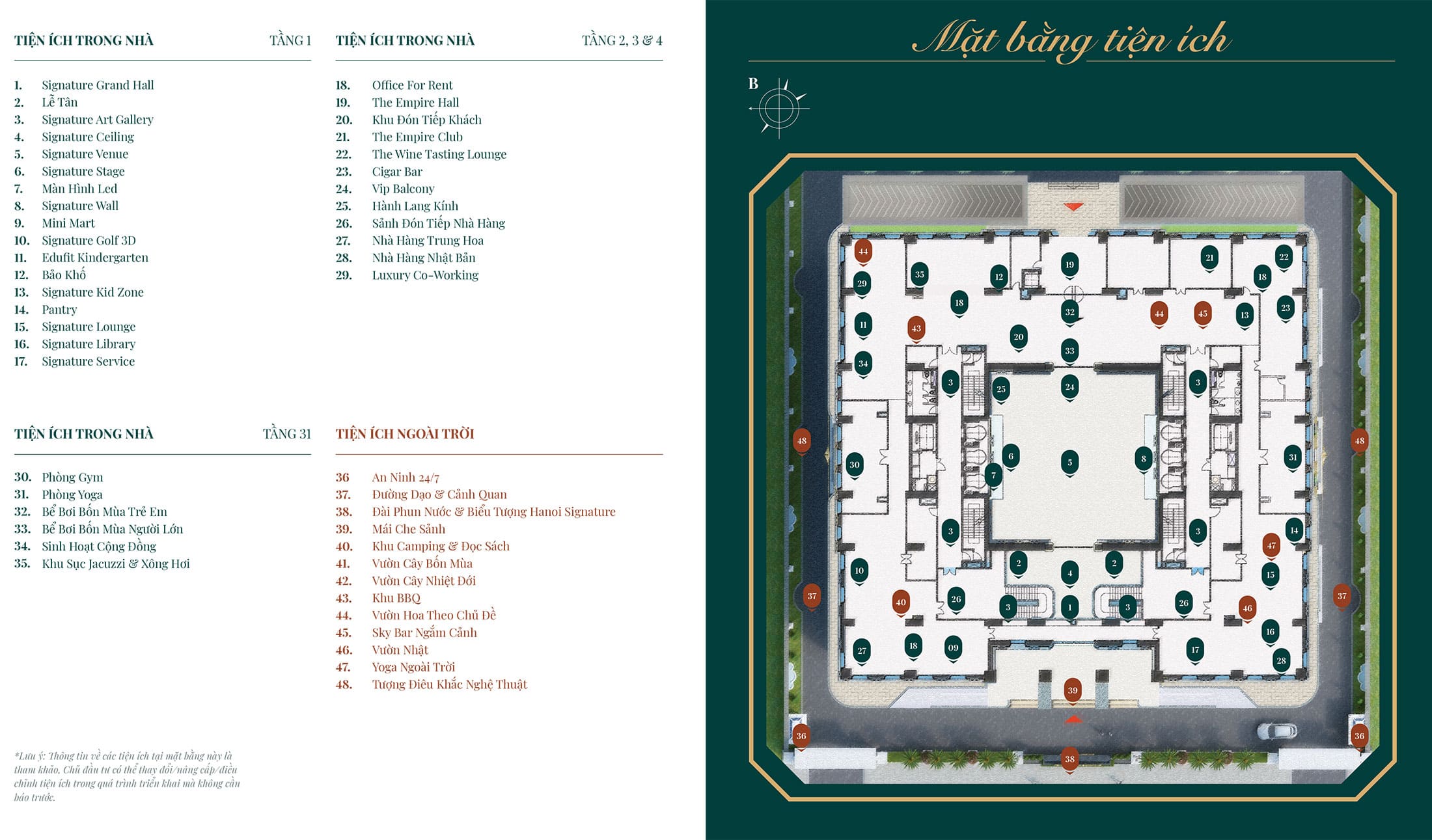 Mặt bằng tiện ích tại Hanoi Signature với hơn 48 tiện ích sống đẳng cấp trong nhà và ngoài trời.