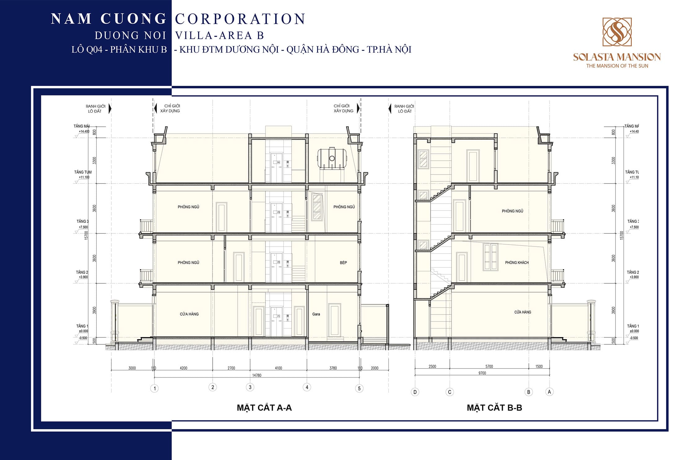 Mặt cắt A-A của biệt thự Solasta Mansion Dương Nội tập đoàn Nam Cường.