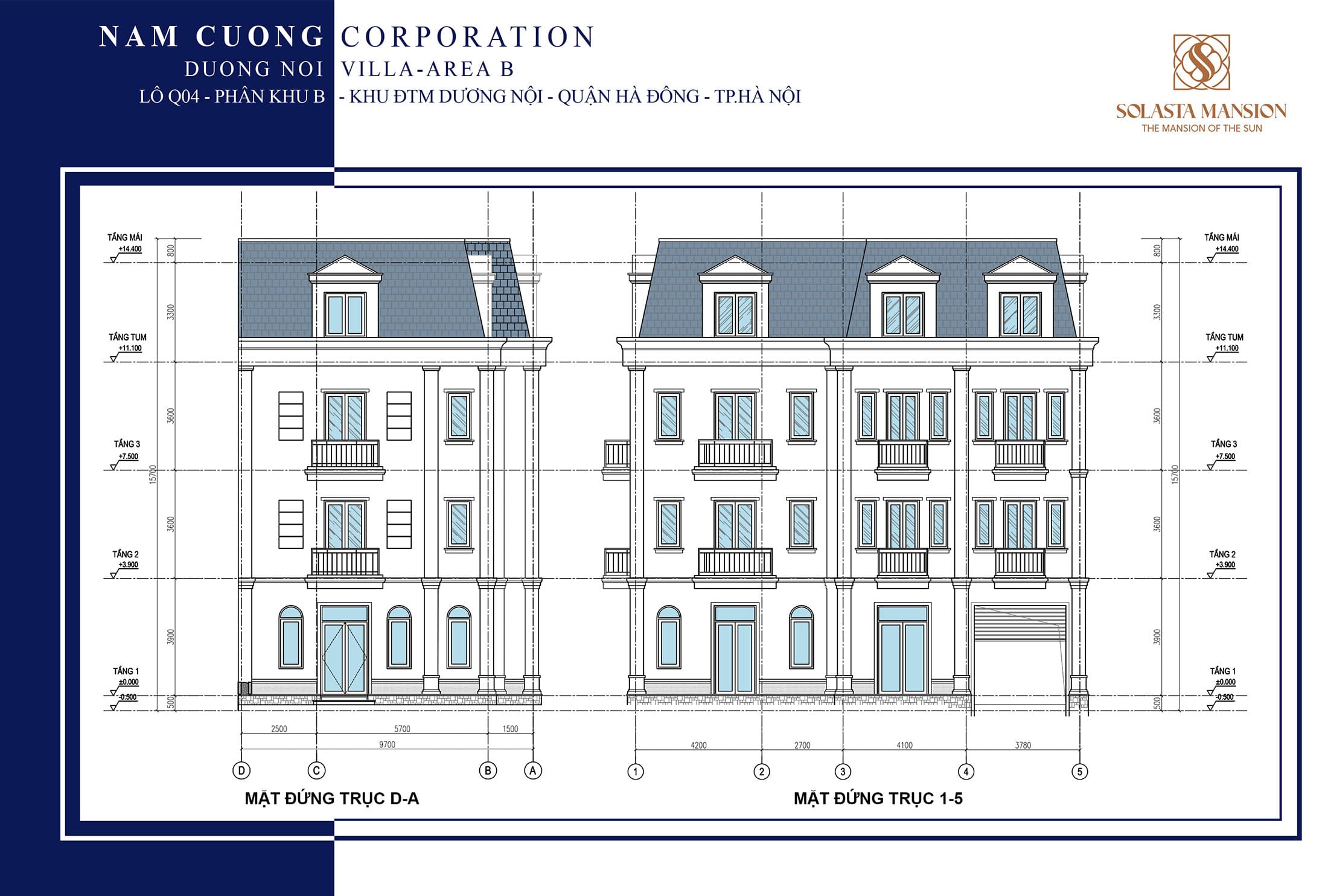 Mặt cắt đứng của biệt thự Solasta Mansion Dương Nội tập đoàn Nam Cường.