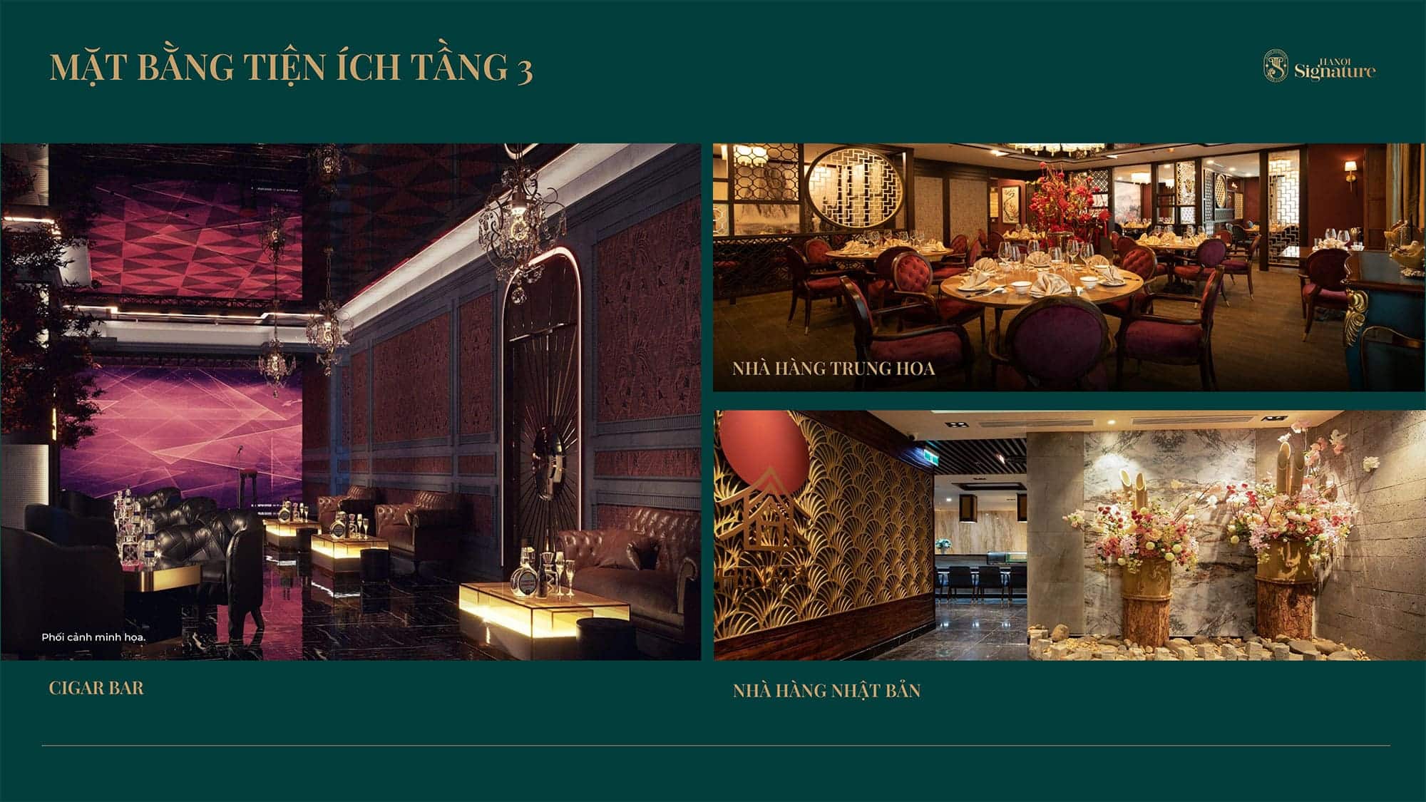 Phối cảnh tiện ích Cigar Bar, Nhà Hàng Trung Hoa, Nhà Hàng Nhật Bản tại Tầng 3 dự án Hanoi Signature Nguyễn Văn Huyên.