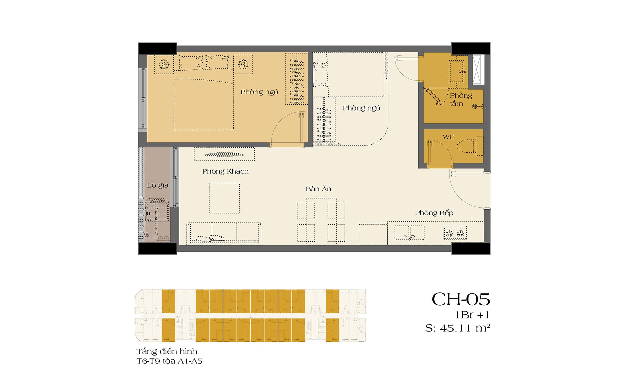 Layout điển hình căn hộ 1PN+1 ART Residence dự án Sun Urban City Hà Nam.