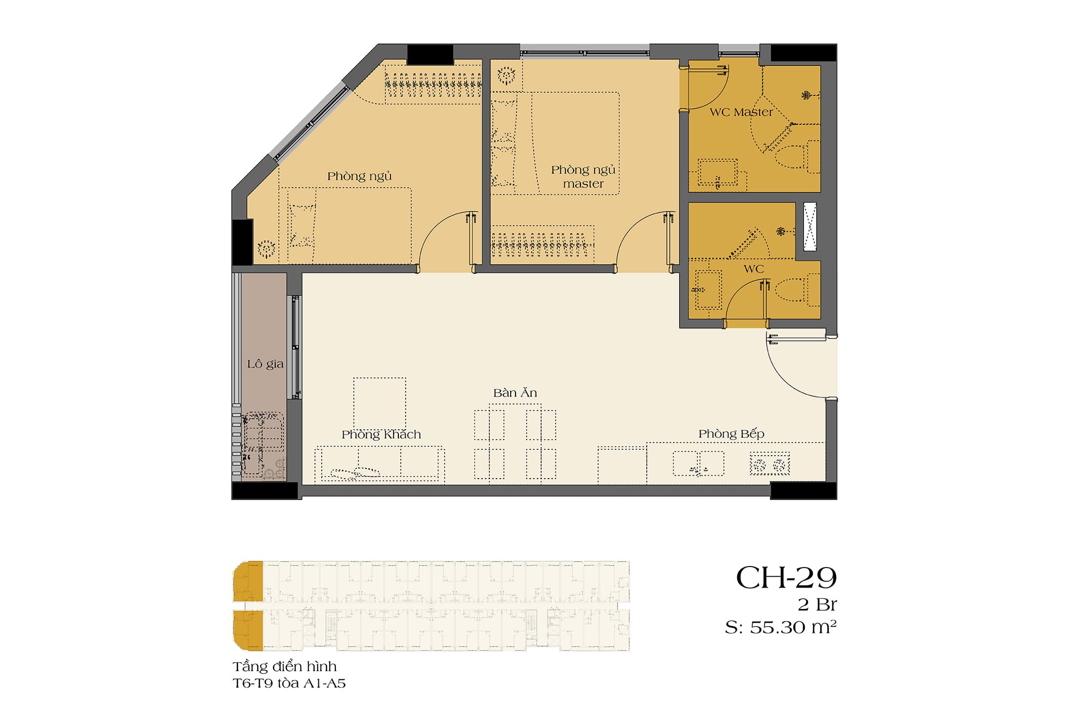 Layout điển hình căn hộ 2PN ART Residence dự án Sun Urban City Hà Nam.