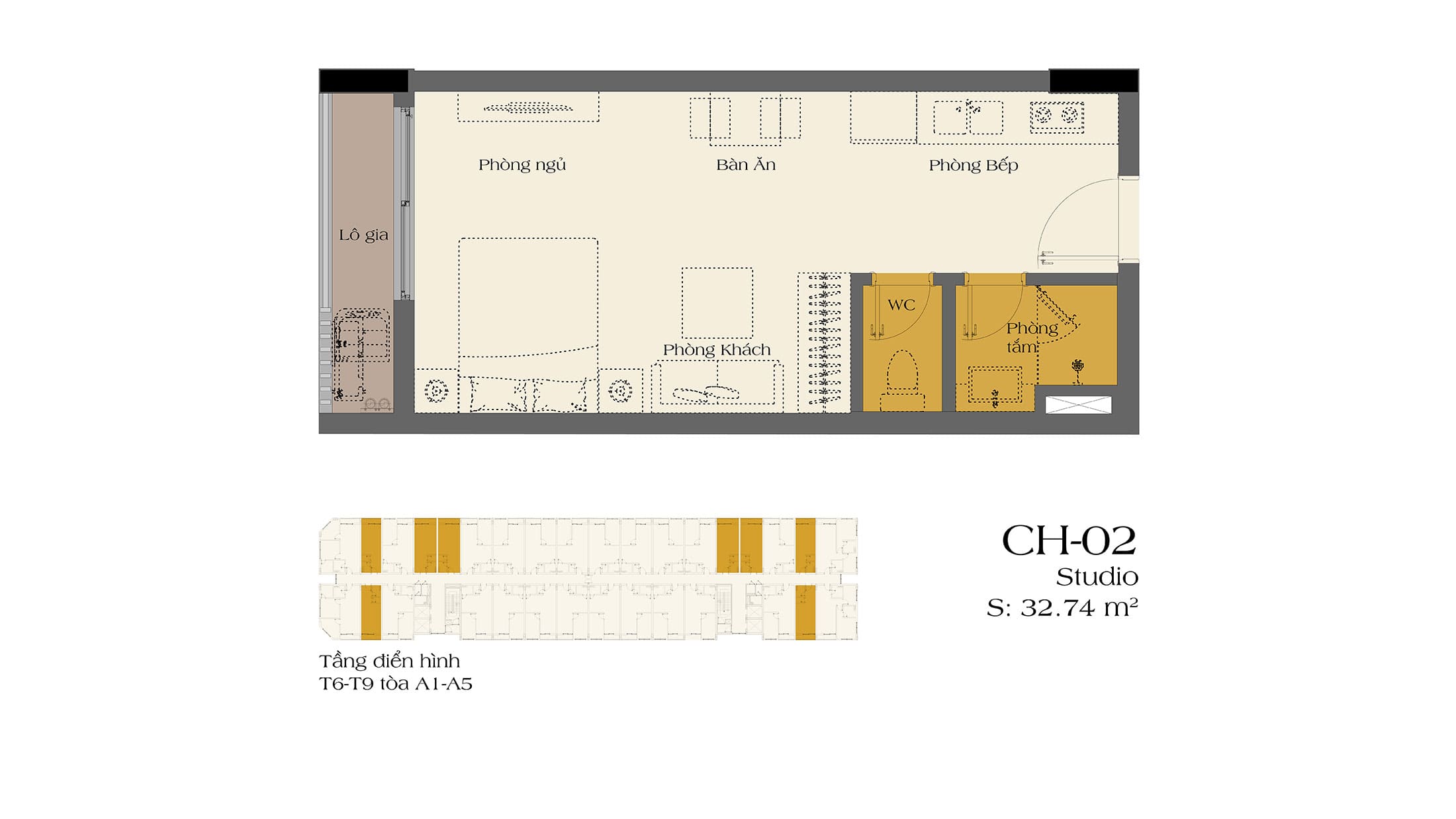 Layout điển hình căn hộ Studio ART Residence dự án Sun Urban City Hà Nam.