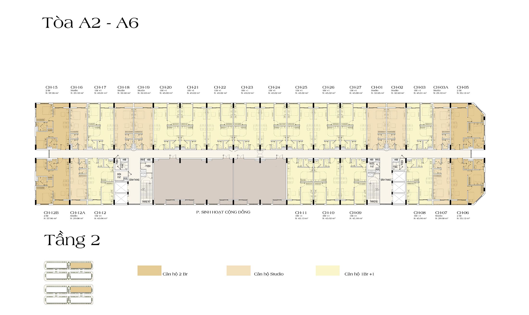 Mặt bằng điển hình Tầng 2, Tòa A2 và Tòa A6 căn hộ ART Residence dự án Sun Urban City Hà Nam.