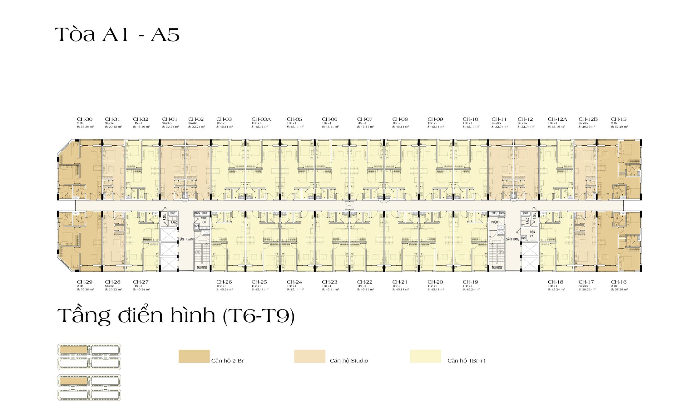 Mặt bằng điển hình Tầng 6 đến Tầng 9, Tòa A1 và Tòa A5 căn hộ ART Residence dự án Sun Urban City Hà Nam.