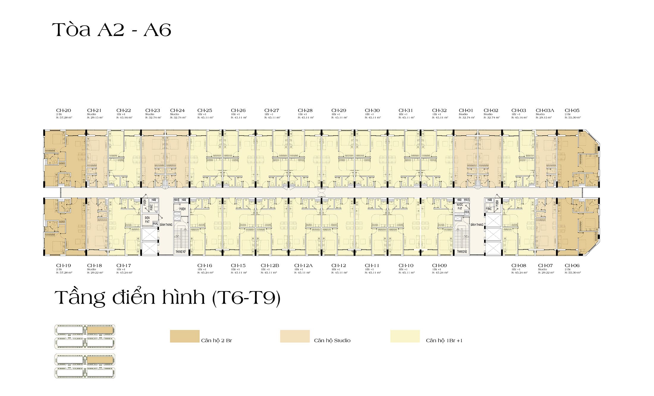 Mặt bằng điển hình Tầng 6 đến Tầng 9, Tòa A2 và Tòa A6 căn hộ ART Residence dự án Sun Urban City Hà Nam.