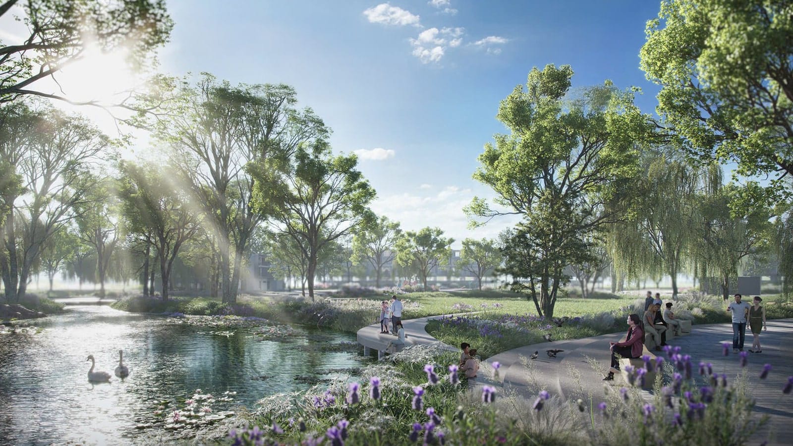 công viên sinh thái tại Alluvia City – không gian xanh thư giãn giữa thiên nhiên với hồ nước, thảm thực vật phong phú và lối dạo bộ uốn lượn, mang đến trải nghiệm sống chan hòa và an lành cho mọi thế hệ cư dân.
