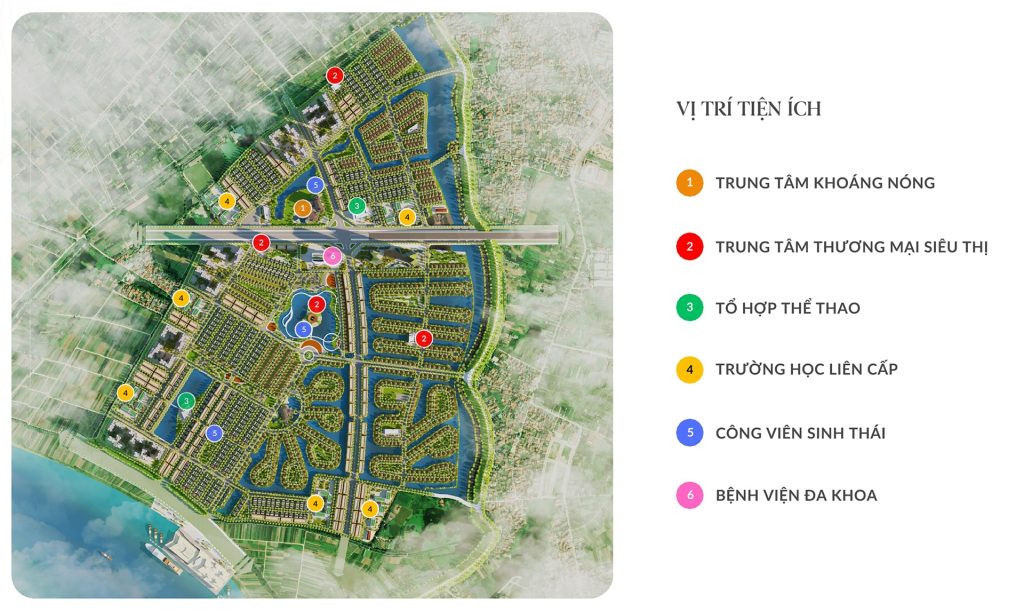 Bản đồ vị trí các tiện ích trọng điểm tại Alluvia City đáp ứng toàn diện nhu cầu sống, học tập, chăm sóc sức khỏe và giải trí của cư dân.