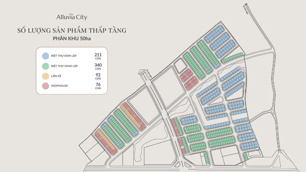 Mặt bằng phân khu 50ha (GĐ1) với sản phẩm thấp tầng gồm: 211 căn biệt thự đơn lập (màu xanh dương), 340 căn biệt thự song lập (màu xanh lá), 92 căn liền kề (màu cam) và 76 căn shophouse (màu đỏ)
