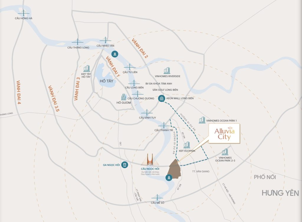 Bản đồ hiển thị vị trí Alluvia City Văn Giang tại thị trấn Văn Giang, Hưng Yên, nằm dọc theo dòng sông Hồng. Khu vực được đánh dấu bằng màu xanh lá cây, cho thấy vị trí chiến lược gần các tuyến đường lớn như cao tốc Hà Nội – Hải Phòng và vành đai 3.5, cùng sự kết nối với các khu đô thị lân cận như Ecopark và Vinhomes Ocean Park